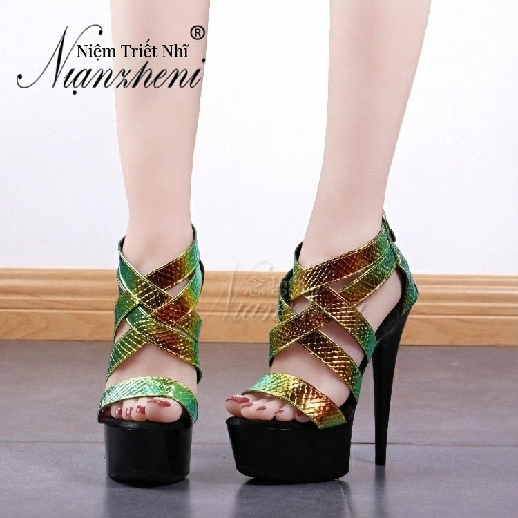Giày Sandal Cao Gót Nữ Quai Chéo Bề Mặt Ánh Kim Gót Cao 15cm Màu Đen, Vàng, Xanh...