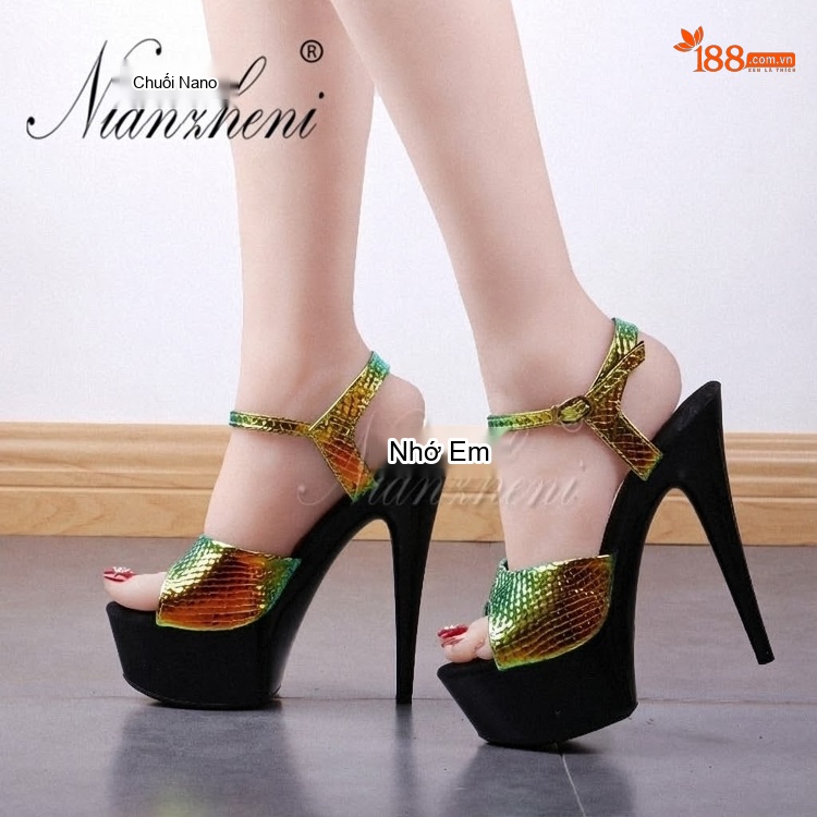Giày Sandal Cao Gót Nữ Hở Ngón Quai Họa Tiết Gót Cao 15cm Màu Vàng Gold chi tiết 19