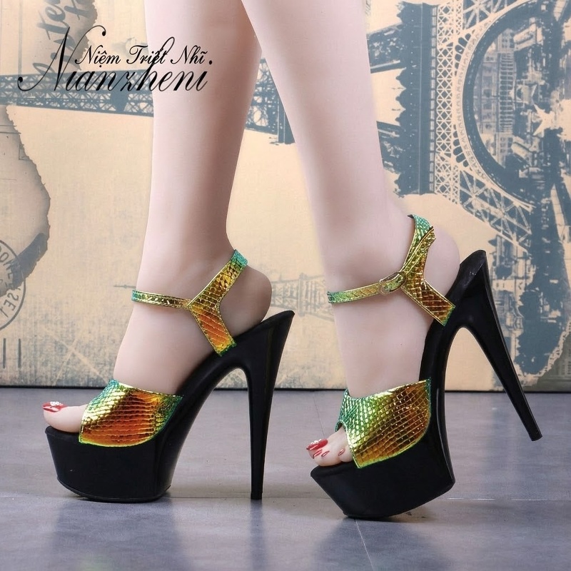 Giày Sandal Cao Gót Nữ Hở Ngón Quai Họa Tiết Gót Cao 15cm Màu Vàng Gold chi tiết 22