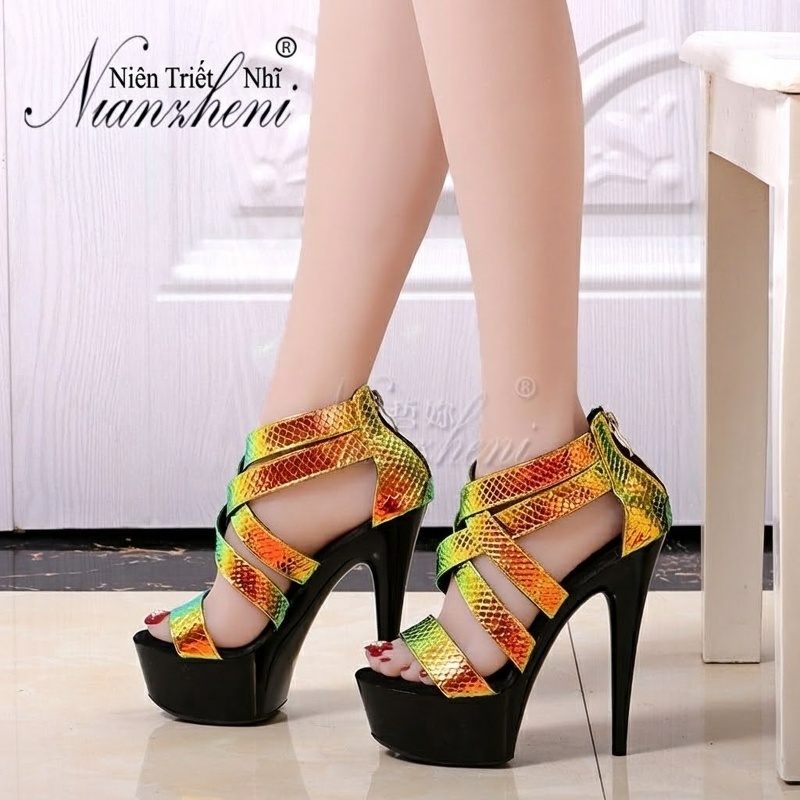 Giày Sandal Cao Gót Nữ Quai Chéo Bề Mặt Ánh Kim Gót Cao 15cm Màu Đen, Vàng, Xanh... chi tiết 7