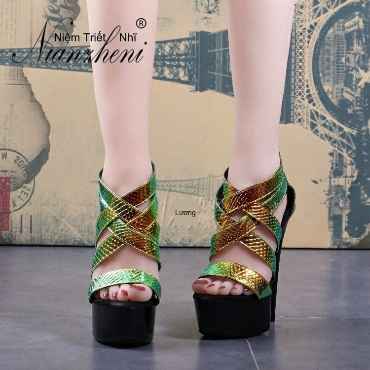 Giày Sandal Cao Gót Nữ Quai Chéo Bề Mặt Ánh Kim Gót Cao 15cm Màu Đen, Vàng, Xanh... chi tiết 24