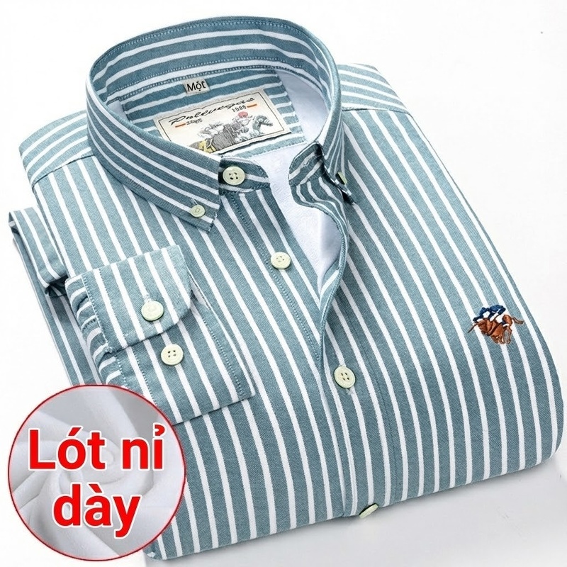 Áo Sơ Mi Nam Dài Tay Cotton Lót Lông Dày Dặn Kẻ Sọc Màu Xanh Dương, Xanh Lá, Trắng, Hồng...