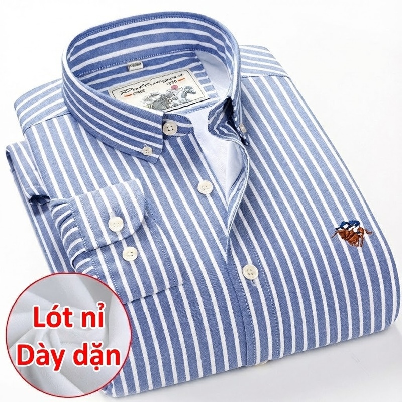 Áo Sơ Mi Nam Cotton Lót Lông Dày Dặn Tay Dài Kẻ Sọc Màu Trắng, Xanh Dương, Hồng, Xanh Navy...