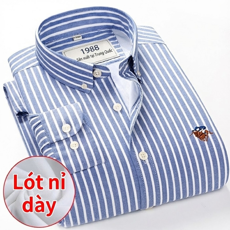 Áo Sơ Mi Nam Dài Tay Cotton Lót Lông Dày Dặn Kẻ Sọc Màu Xanh Dương, Xanh Lá, Trắng, Hồng...