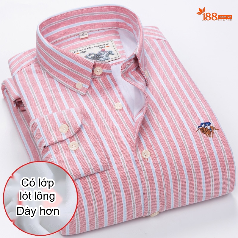 Áo Sơ Mi Nam Cotton Lót Lông Dày Dặn Tay Dài Kẻ Sọc Màu Trắng, Xanh Dương, Hồng, Xanh Navy...