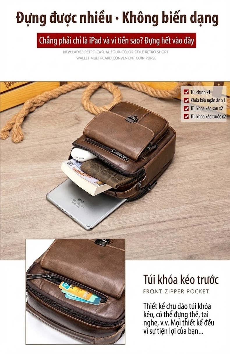 Túi Đeo Chéo Nam Da Thật Túi Đeo Vai Nam Nhỏ Cổ Điển Màu Đen, Nâu chi tiết 4