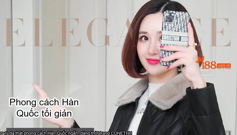 Áo Khoác Phao Nữ Da Cừu Thật Lót Lông Vũ Cổ Lông Chồn Màu Đen chi tiết 1