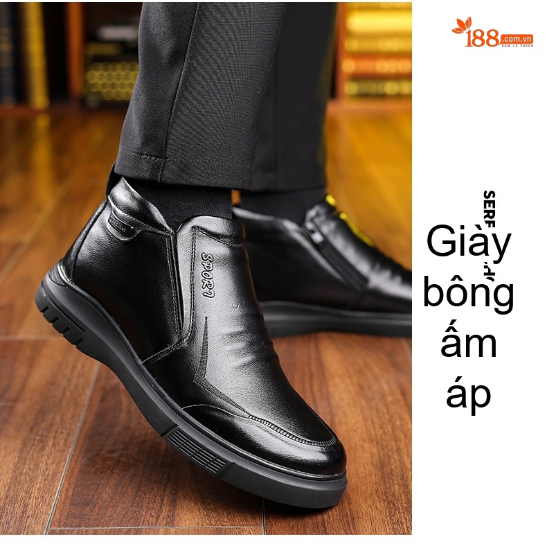 Giày Cao Cổ Nam Da Bò Lót Lông Chiều Cao Đế Khoảng 3cm Màu Đen chi tiết 12