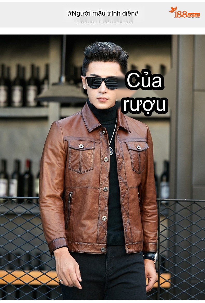 Áo Khoác Da Nam Da Cừu Dầu Sáp Ngắn Tay Dài Màu Nâu chi tiết 6