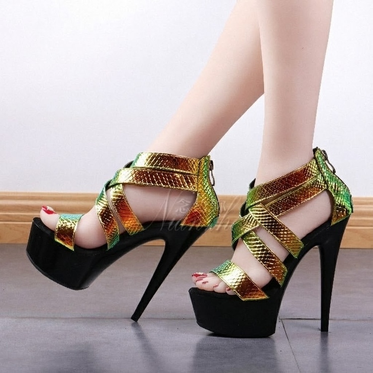 Giày Sandal Cao Gót Nữ Quai Chéo Bề Mặt Ánh Kim Gót Cao 15cm Màu Đen, Vàng, Xanh... chi tiết 17