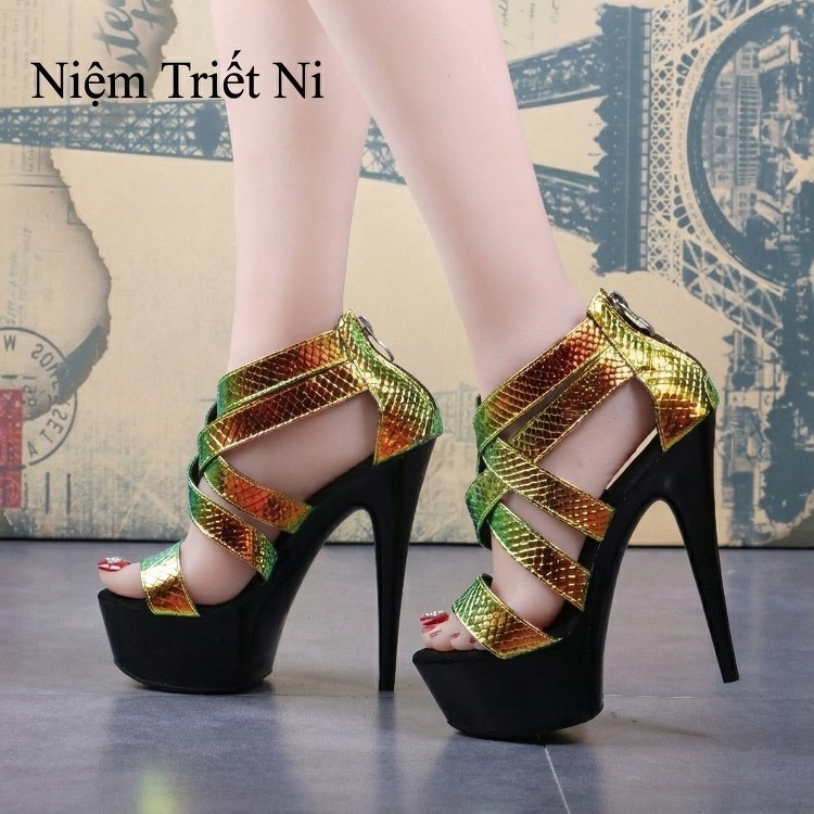 Giày Sandal Cao Gót Nữ Quai Chéo Bề Mặt Ánh Kim Gót Cao 15cm Màu Đen, Vàng, Xanh...