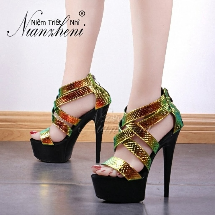 Giày Sandal Cao Gót Nữ Quai Chéo Bề Mặt Ánh Kim Gót Cao 15cm Màu Đen, Vàng, Xanh... chi tiết 16