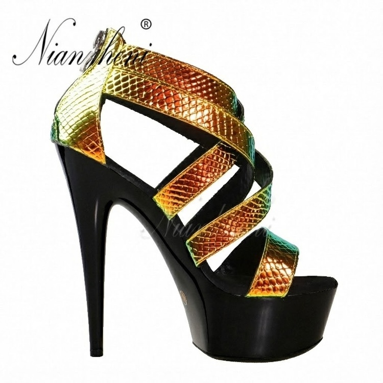 Giày Sandal Cao Gót Nữ Quai Chéo Bề Mặt Ánh Kim Gót Cao 15cm Màu Đen, Vàng, Xanh... chi tiết 31