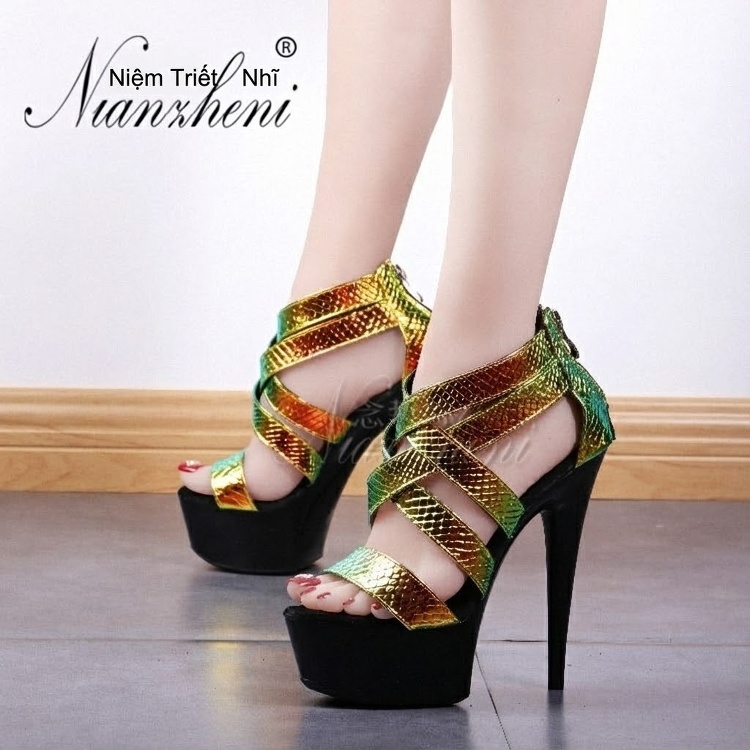 Giày Sandal Cao Gót Nữ Quai Chéo Bề Mặt Ánh Kim Gót Cao 15cm Màu Đen, Vàng, Xanh... chi tiết 15
