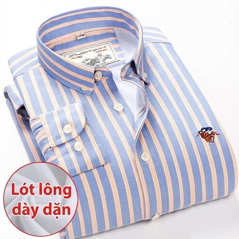 Áo Sơ Mi Nam Dài Tay Cotton Lót Lông Dày Dặn Kẻ Sọc Màu Xanh Dương, Xanh Lá, Trắng, Hồng...