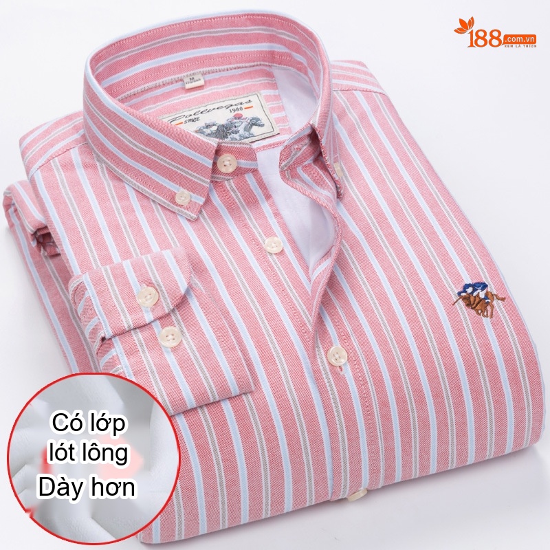 Áo Sơ Mi Nam Cotton Lót Lông Dày Dặn Tay Dài Kẻ Sọc Màu Trắng, Xanh Dương, Hồng, Xanh Navy...