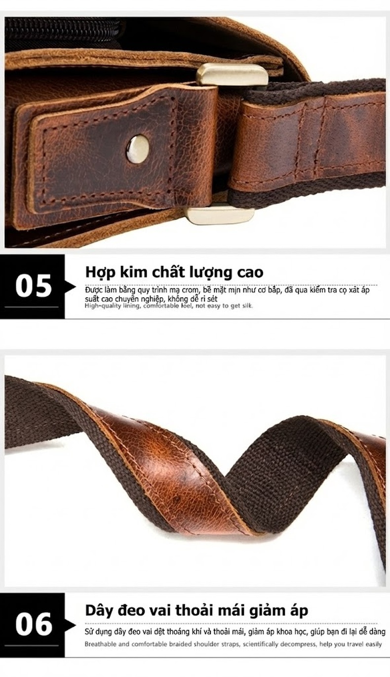 Túi Đeo Vai Nam Da Bò Lớp Đầu Phong Cách Retro, Túi Đeo Chéo Nam Sức Chứa Lớn Màu Cà Phê Dầu, Cà Phê chi tiết 15