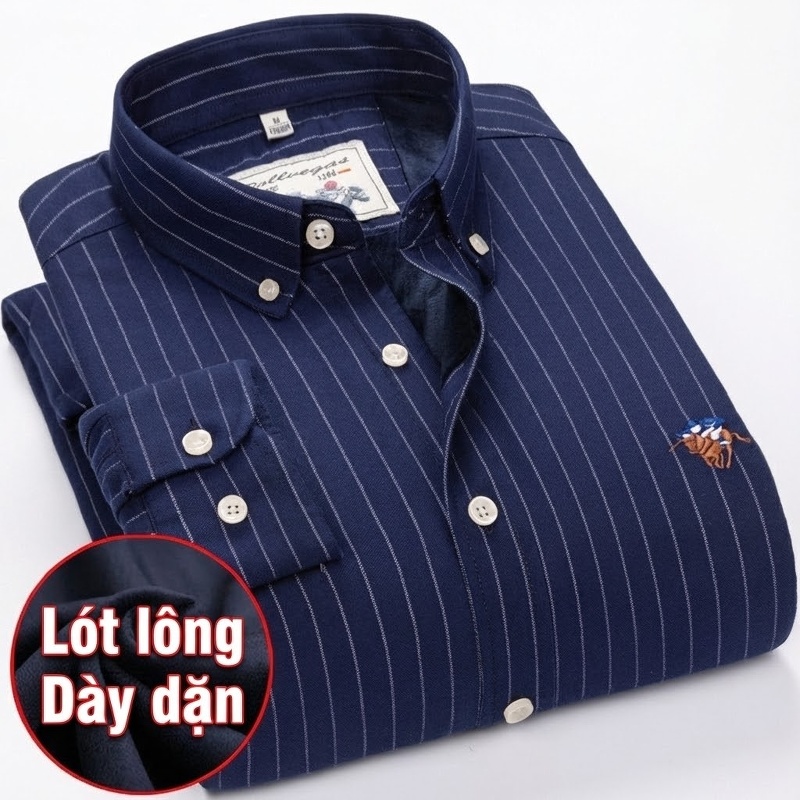 Áo Sơ Mi Nam Cotton Lót Lông Dày Dặn Tay Dài Kẻ Sọc Màu Trắng, Xanh Dương, Hồng, Xanh Navy...