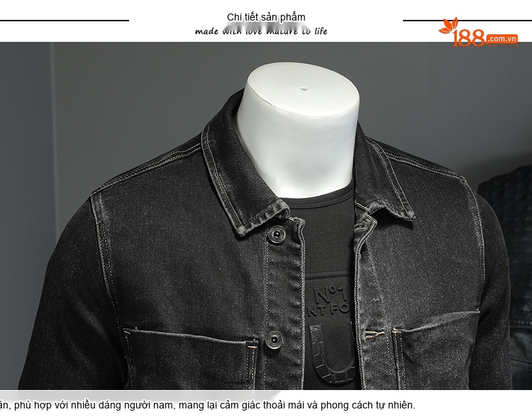 Áo Khoác Jean Nam Dáng Ôm Co Giãn Phong Cách Retro Màu Đen chi tiết 10