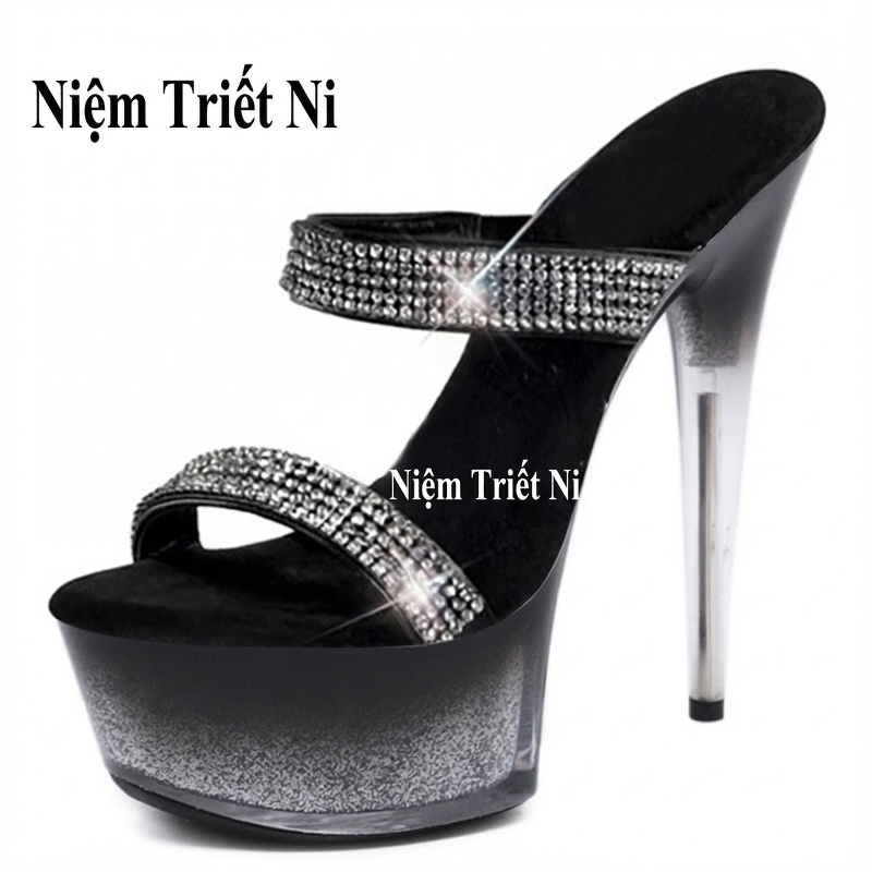 Giày Sandal Cao Gót Nữ Quai Ngang Đính Đá Gót Cao 10cm - 12cm Màu Đen