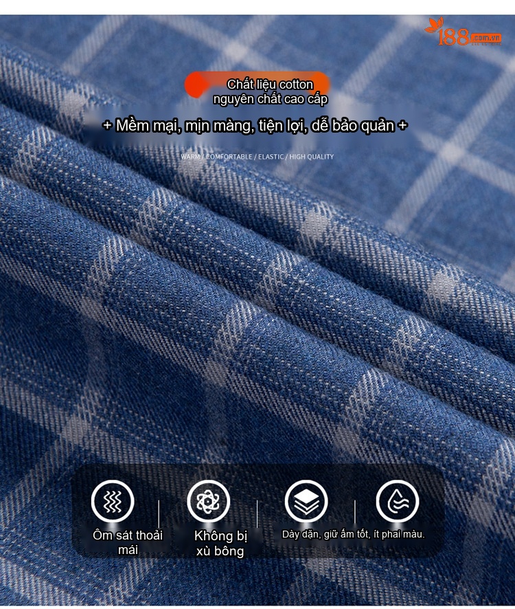 Áo Sơ Mi Nam Dài Tay Cotton Lót Lông Dày Dặn Giữ Ấm Màu Xanh Dương, Xám, Đen, Đỏ... chi tiết 3