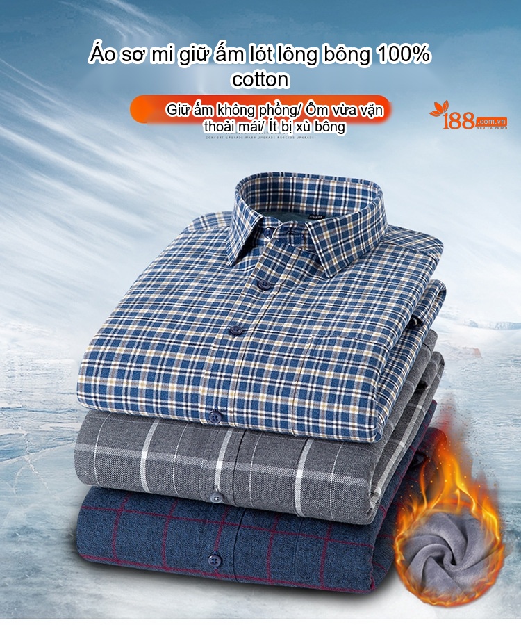 Áo Sơ Mi Nam Dài Tay Cotton Lót Lông Dày Dặn Giữ Ấm Màu Xanh Dương, Xám, Đen, Đỏ... chi tiết 1