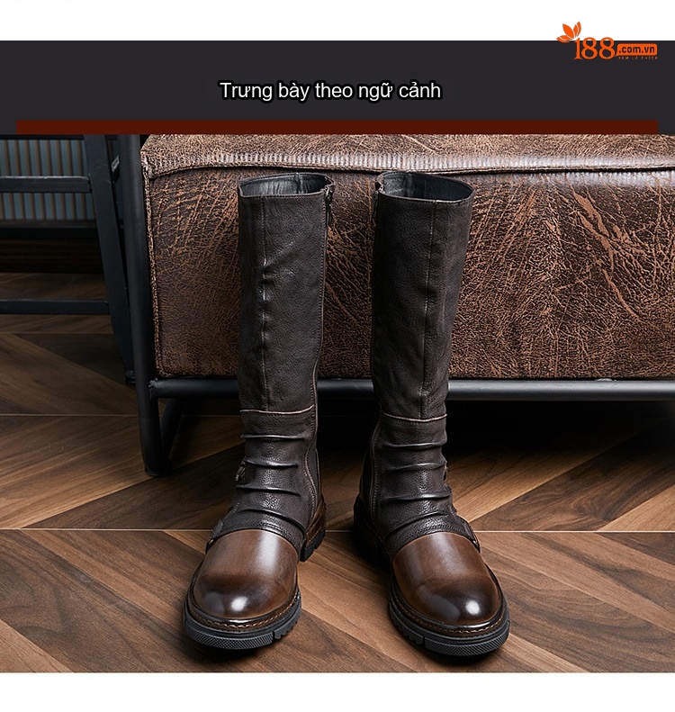 Boot Cao Cổ Nam Da Bò Chiều Cao Đế Khoảng 4cm Phong Cách Anh Màu Đen, Nâu chi tiết 6