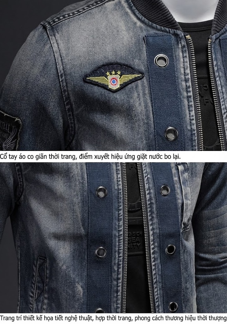 Áo Khoác Bomber Nam Cổ Trụ Phong Cách Âu Mỹ Retro Vải Denim Màu Xanh Dương chi tiết 9
