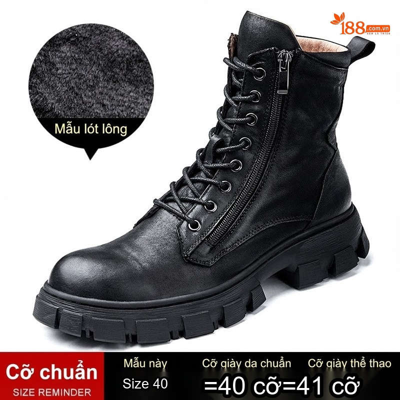 Boot Martin Nam Da Bò Cổ Cao Khóa Kéo Chiều Cao Đế Khoảng 4cm Màu Đen, Nâu
