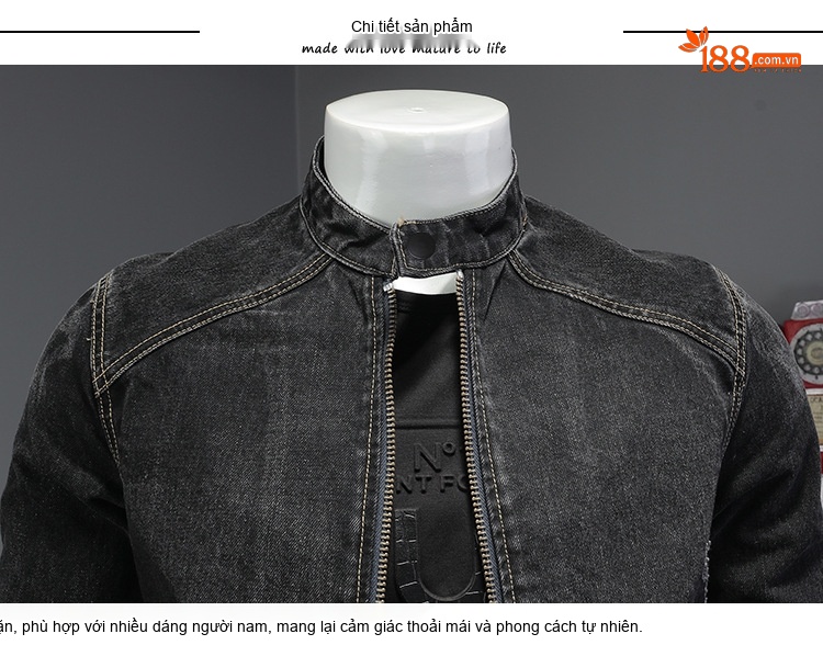 Áo Khoác Jean Nam Cổ Trụ Khóa Kéo Dáng Motor Biker Màu Đen chi tiết 6