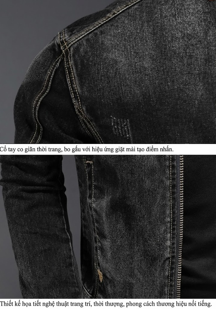 Áo Khoác Jean Nam Cổ Trụ Khóa Kéo Dáng Motor Biker Màu Đen chi tiết 7