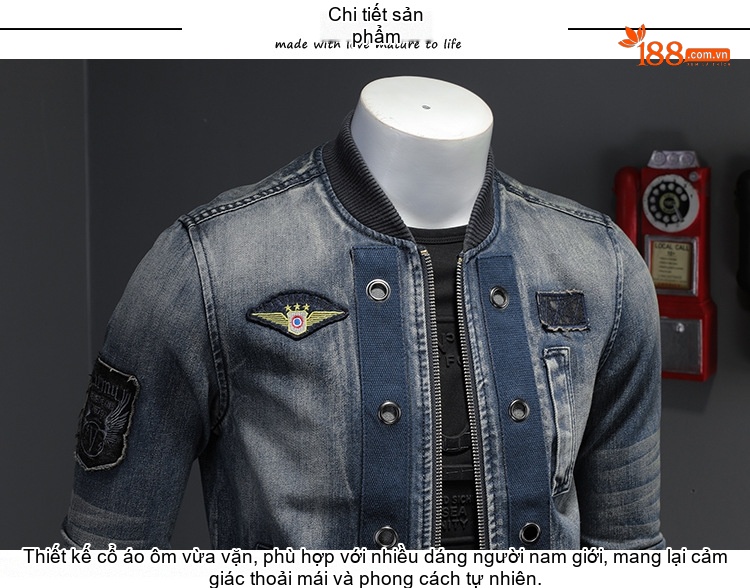 Áo Khoác Bomber Nam Cổ Trụ Phong Cách Âu Mỹ Retro Vải Denim Màu Xanh Dương chi tiết 8