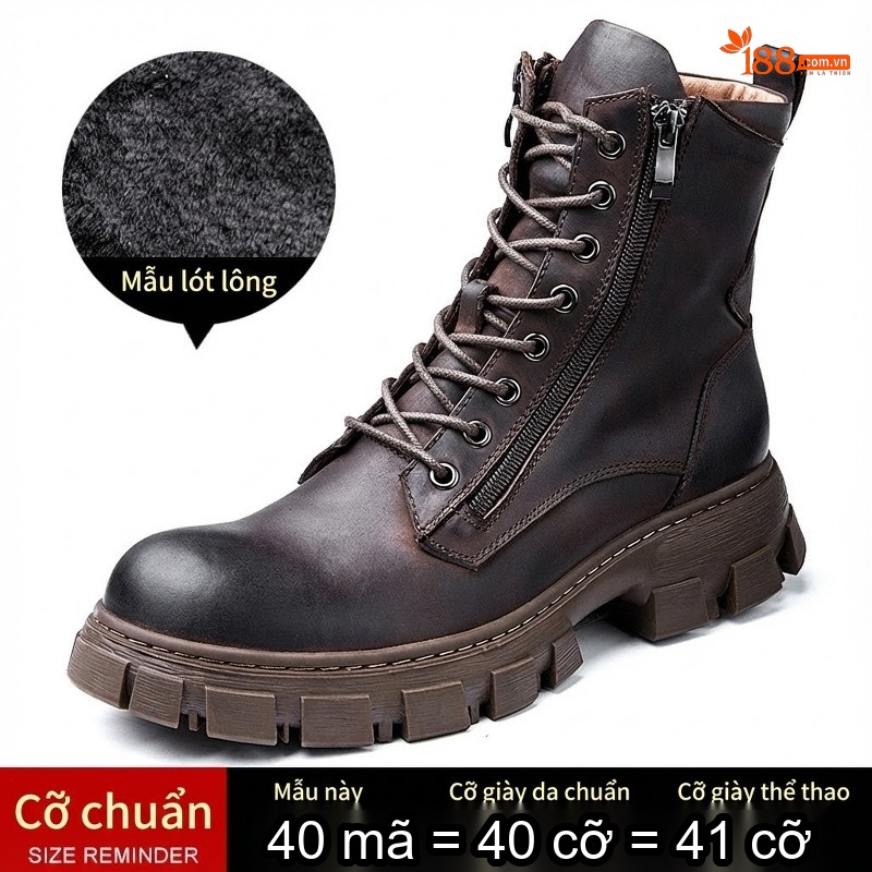 Boot Martin Nam Da Bò Cổ Cao Khóa Kéo Chiều Cao Đế Khoảng 4cm Màu Đen, Nâu