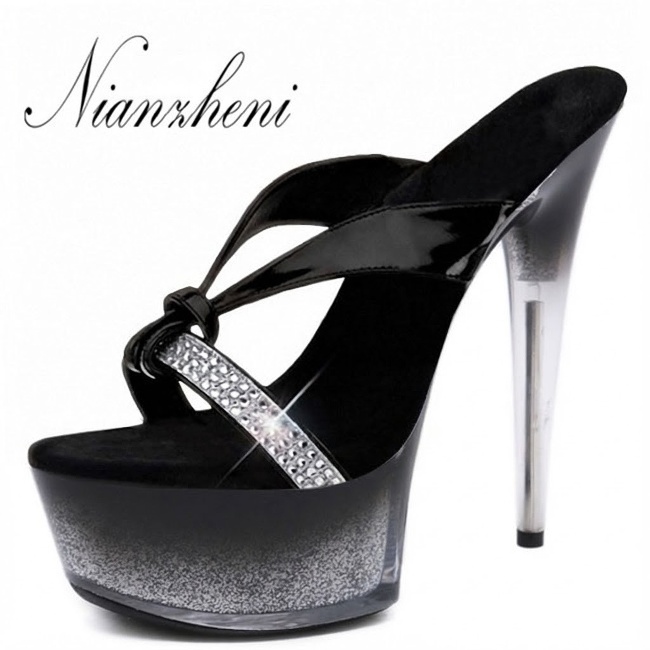 Giày Sandal Cao Gót Nữ Quai Ngang Đính Đá Gót Cao 10cm - 12cm Màu Đen