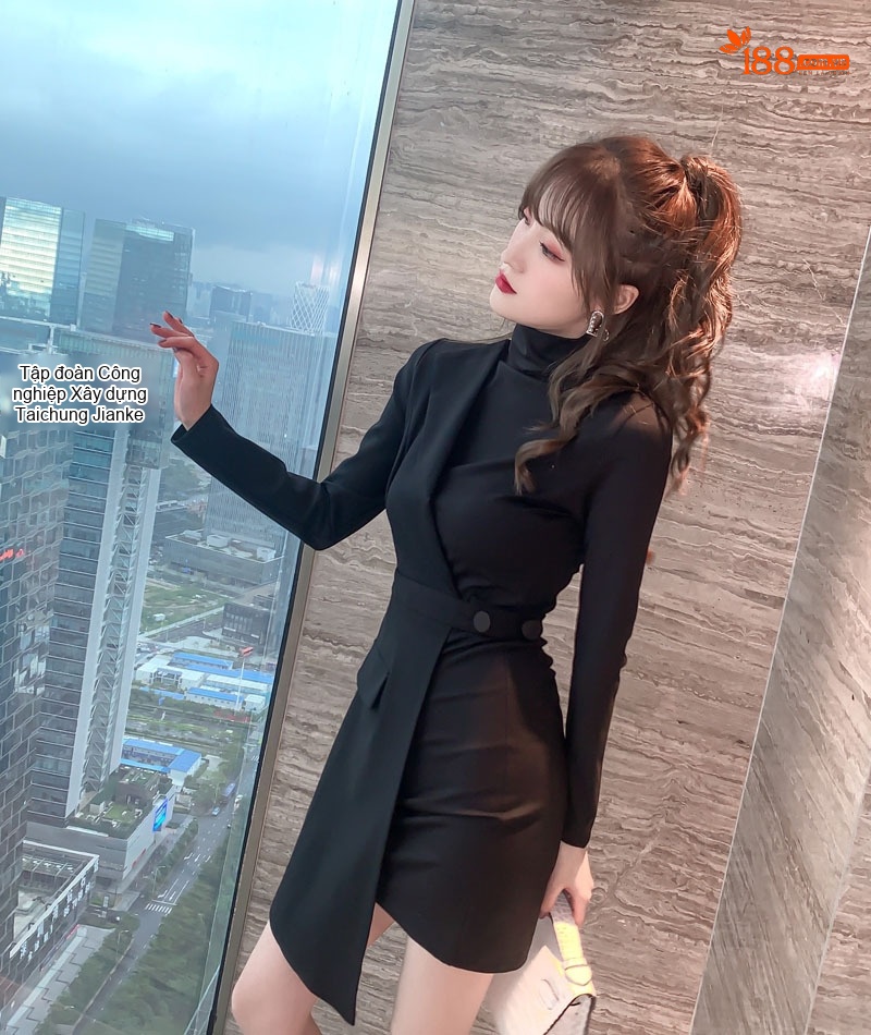 Váy liền thân Nữ Dáng Vest Dệt Kim Cổ Lọ Thanh Lịch Màu Đen chi tiết 25