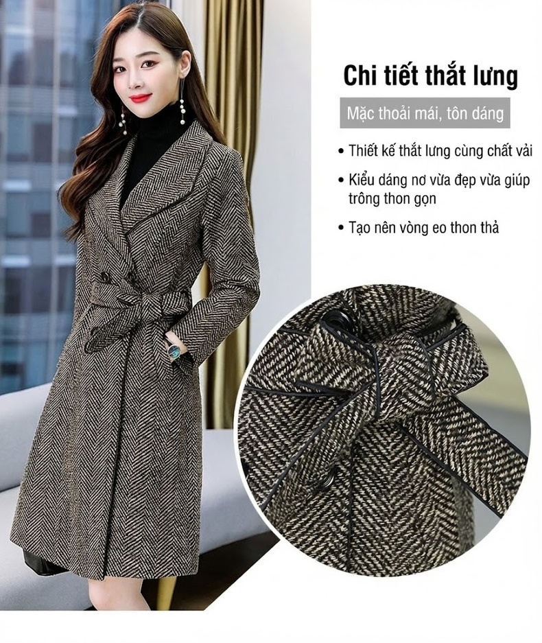 Áo Khoác Dạ Nữ Dáng Dài Hàn Quốc Cổ Bẻ Thắt Eo Màu Xám chi tiết 4
