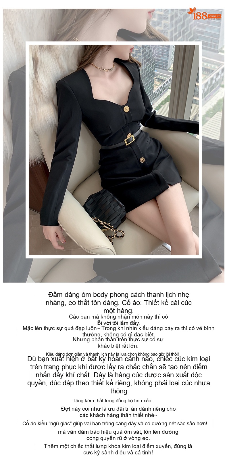 Váy Đầm Ngắn Tay Dài Cổ chữ Vuông Thiết Kế Dáng Vest Phong Cách Hepburn Màu Đen chi tiết 1