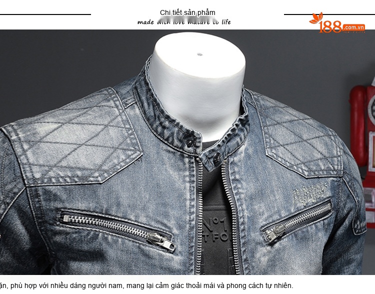 Áo Khoác Jean Nam Cổ Trụ Lót Lông Dày Dặn Khóa Kéo Màu Xanh Jean chi tiết 5