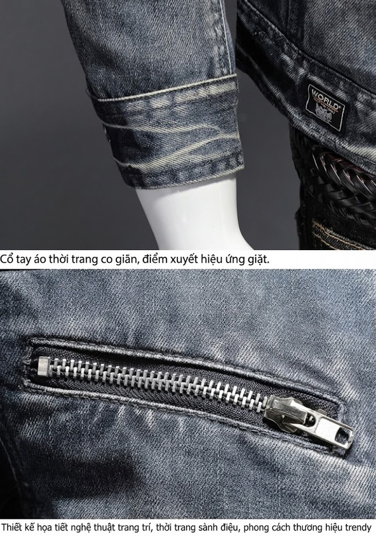 Áo Khoác Jean Nam Cổ Trụ Lót Lông Dày Dặn Khóa Kéo Màu Xanh Jean chi tiết 6
