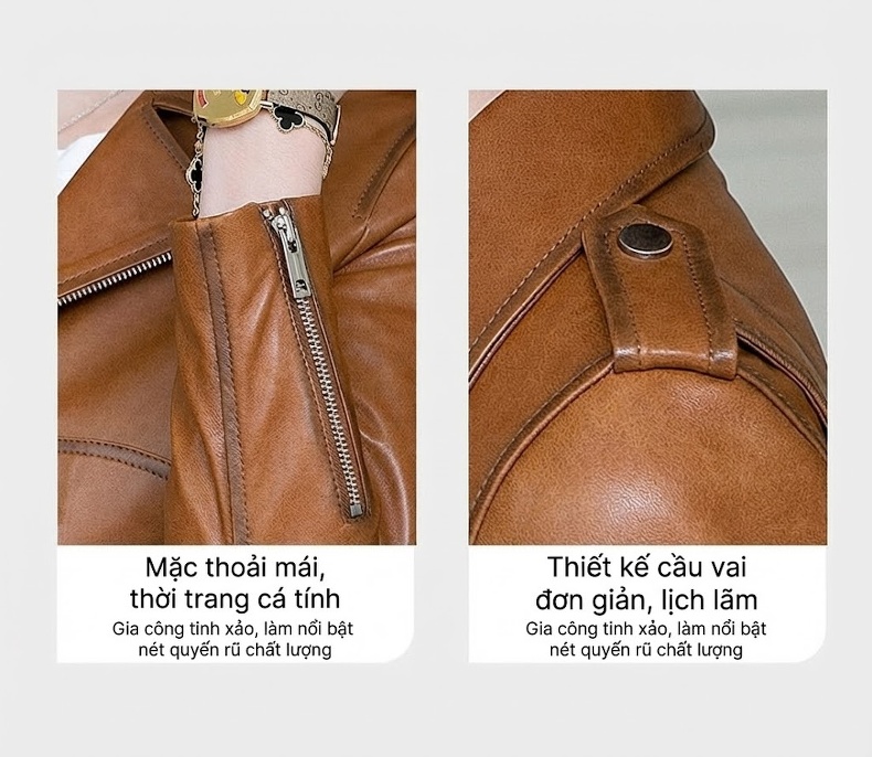 Áo Khoác Da Cừu Nữ Cổ chữ Vest Kiểu Ngắn Ôm Dáng Phong Cách Biker Màu Nâu chi tiết 6