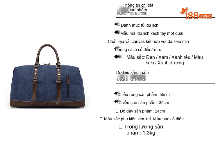 Túi Du Lịch Vải Canvas Sức Chứa Lớn Đựng Đồ Tập Yoga Ngắn Dài Ngày Màu Xanh Dương, Xám, Nâu, Xanh Lá chi tiết 4