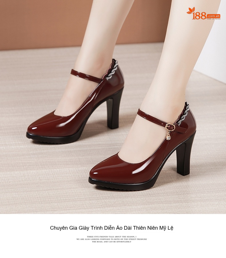 Giày Cao Gót Nữ Da Bóng Mũi Nhọn Quai Ngang Chiều Cao Đế Khoảng 8cm Màu Đen, Đỏ Rượu Vang chi tiết 9
