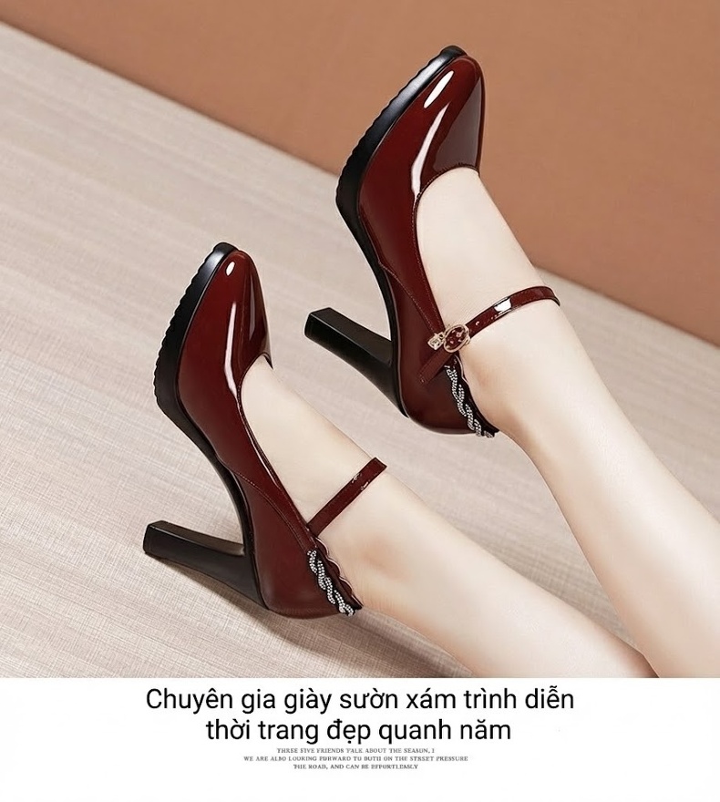 Giày Cao Gót Nữ Da Bóng Mũi Nhọn Quai Ngang Chiều Cao Đế Khoảng 8cm Màu Đen, Đỏ Rượu Vang chi tiết 10