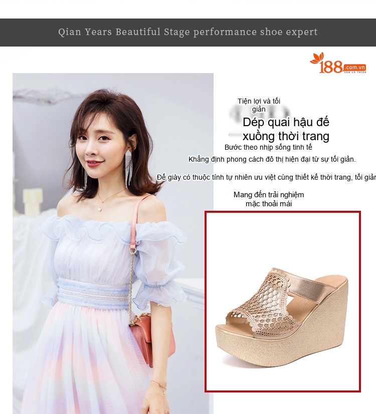 Dép Xuồng Nữ Quai Lưới Kim Tuyến Chiều Cao Đế 8cm Màu Vàng, Đen chi tiết 1