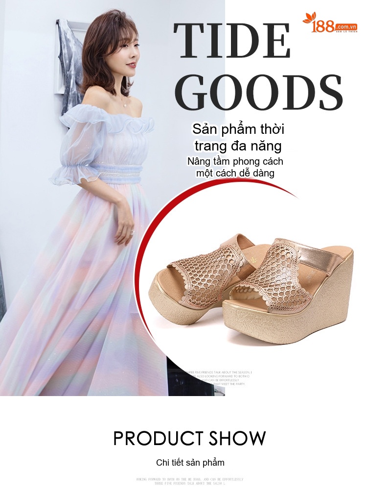 Dép Xuồng Nữ Quai Lưới Kim Tuyến Chiều Cao Đế 8cm Màu Vàng, Đen chi tiết 5