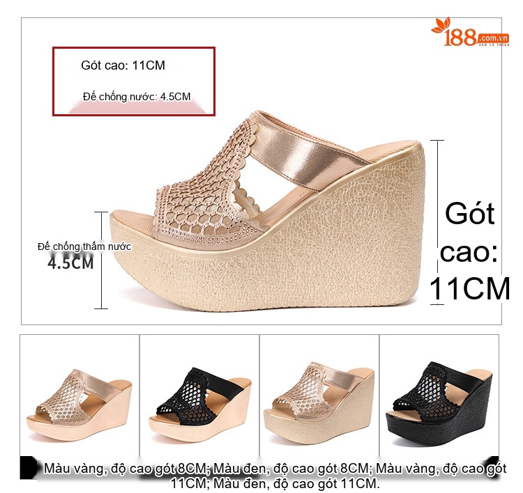 Dép Xuồng Nữ Quai Lưới Kim Tuyến Chiều Cao Đế 8cm Màu Vàng, Đen chi tiết 4