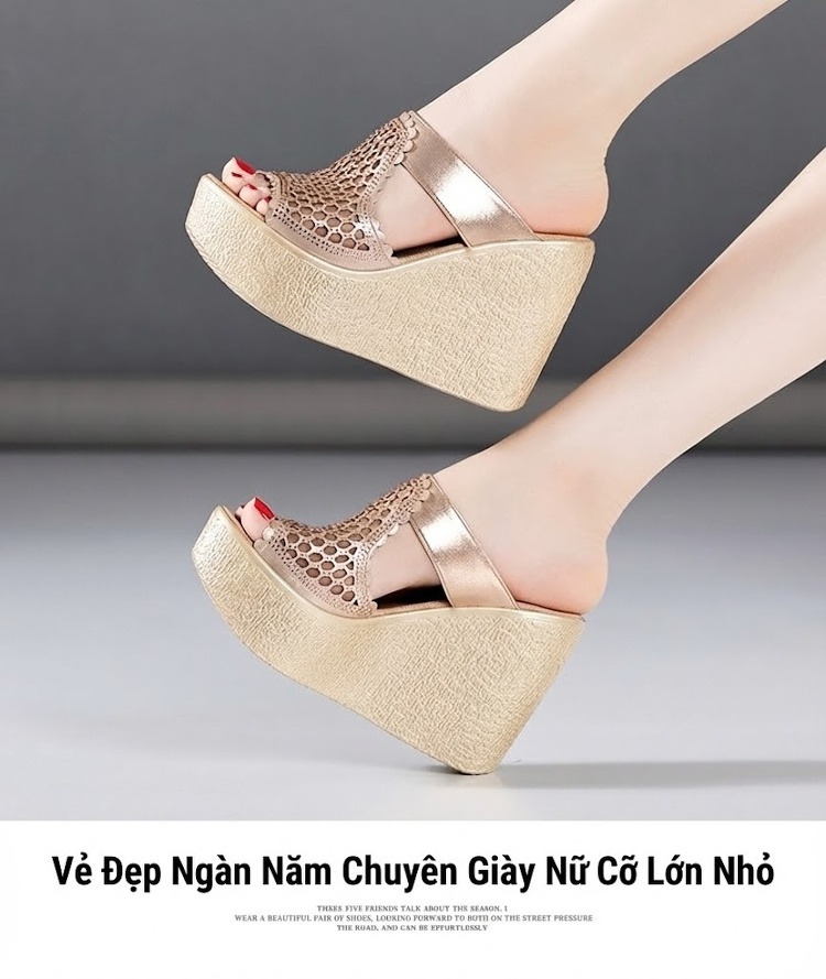 Dép Xuồng Nữ Quai Lưới Kim Tuyến Chiều Cao Đế 8cm Màu Vàng, Đen chi tiết 11