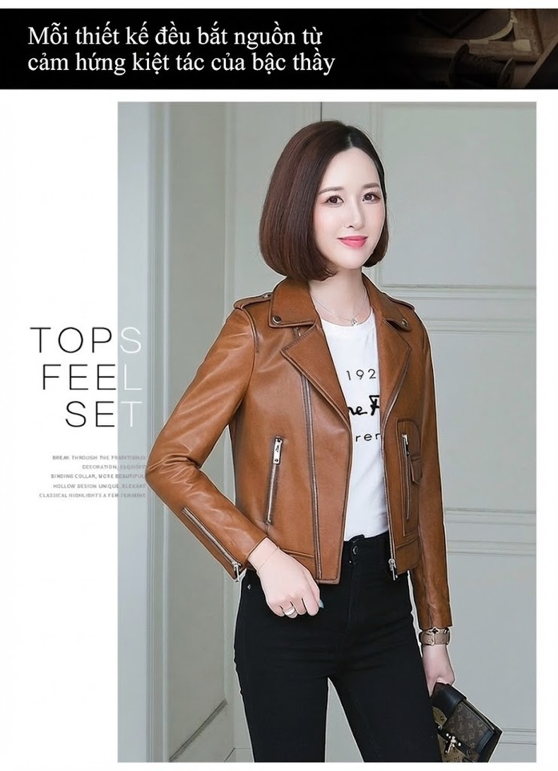 Áo Khoác Da Cừu Nữ Cổ chữ Vest Kiểu Ngắn Ôm Dáng Phong Cách Biker Màu Nâu chi tiết 7
