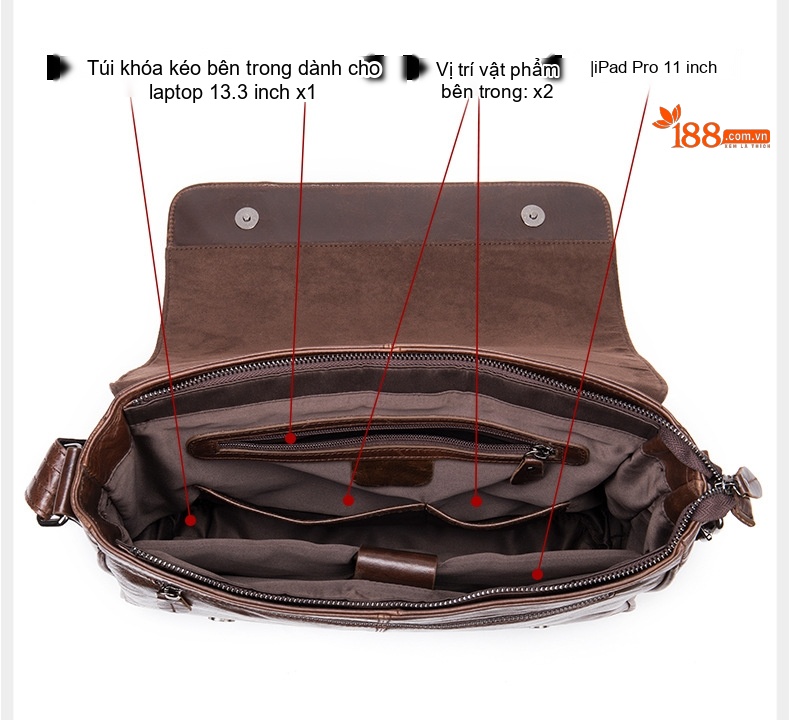 Túi Đeo Chéo Nam Da Bò Dáng Postman Cổ Điển Vintage Đựng Laptop Đi Làm Màu Nâu chi tiết 9