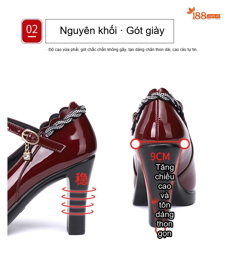 Giày Cao Gót Nữ Da Bóng Mũi Nhọn Quai Ngang Chiều Cao Đế Khoảng 8cm Màu Đen, Đỏ Rượu Vang chi tiết 5